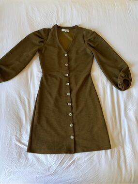 Madewell Olive Button-Down V-Neck Long-Sleeve Dress